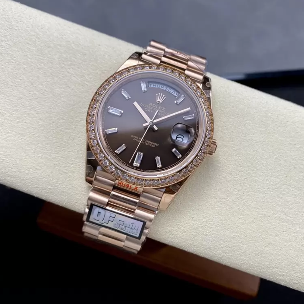 QF공장 롤렉스 데이데이트 40 브라운 바게트 다이얼 다이아 베젤 로즈골드 금통 228345