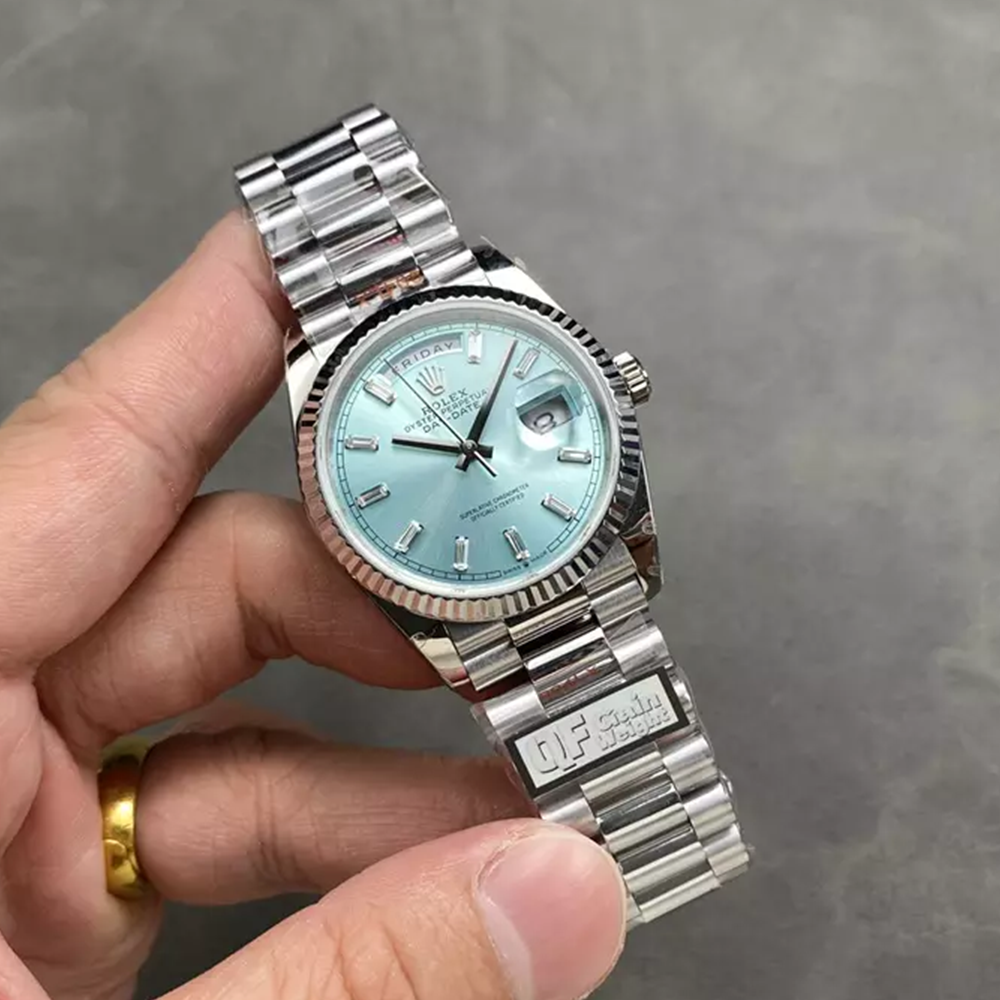 QF공장 롤렉스 데이데이트 36 플래티넘 바게트 다이아 다이얼 화이트 골드 금통 128236
