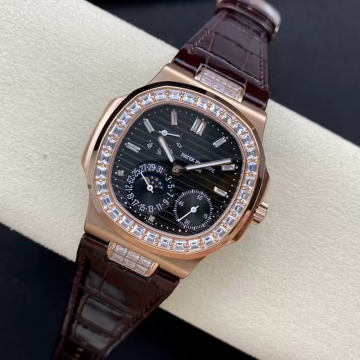 GR공장 파텍필립 노틸러스 문페이즈 블랙 다이얼 다이아 베젤 로즈골드 가죽밴드 5712