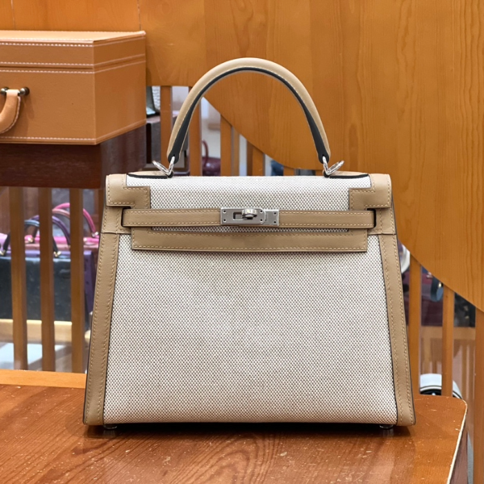 그린엘 에르메스 켈리 25 토고 스위프트 캔버스 밀크티 컬러 실버 버클