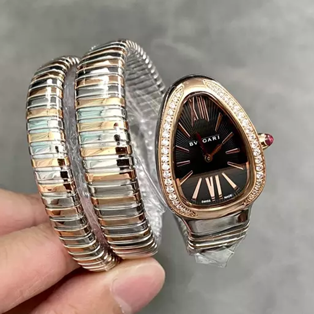 BV공장 불가리 세르펜티 블랙 다이얼 다이아 베젤 로즈골드 콤비 35mm 102680