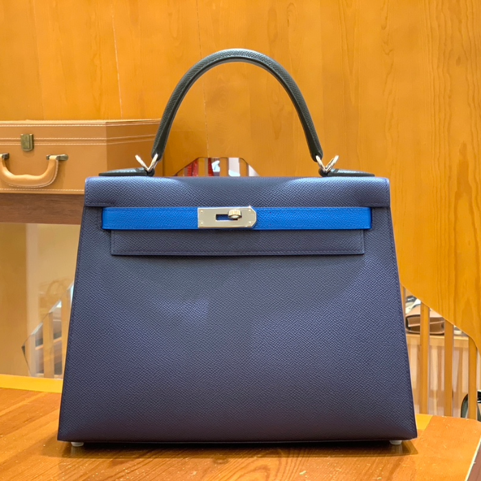 그린엘 에르메스 켈리 28 엡송 사파이어 블루 3색 조합 실버 버클