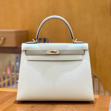 그린엘 에르메스 켈리 28 엡송 밀크쉐이크 화이트 & 윈드브레이커 그레이 골드 버클