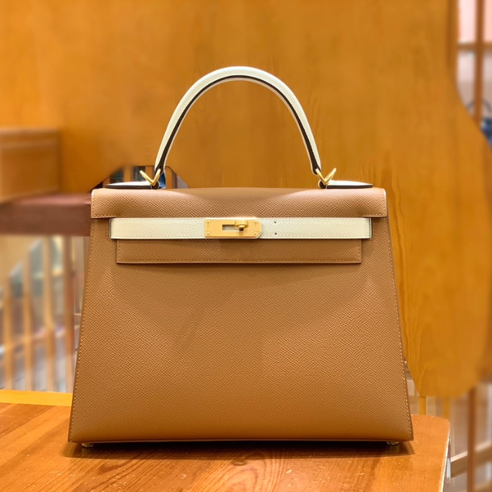 그린엘 에르메스 켈리 28 엡송 골든 브라운 & 크림 화이트 골드 버클