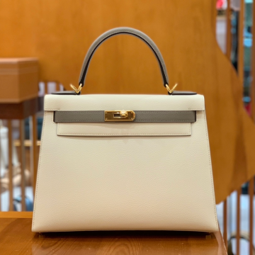 그린엘 에르메스 켈리 28 엡송 밀크셰이크 화이트 & 그레이 골드 버클