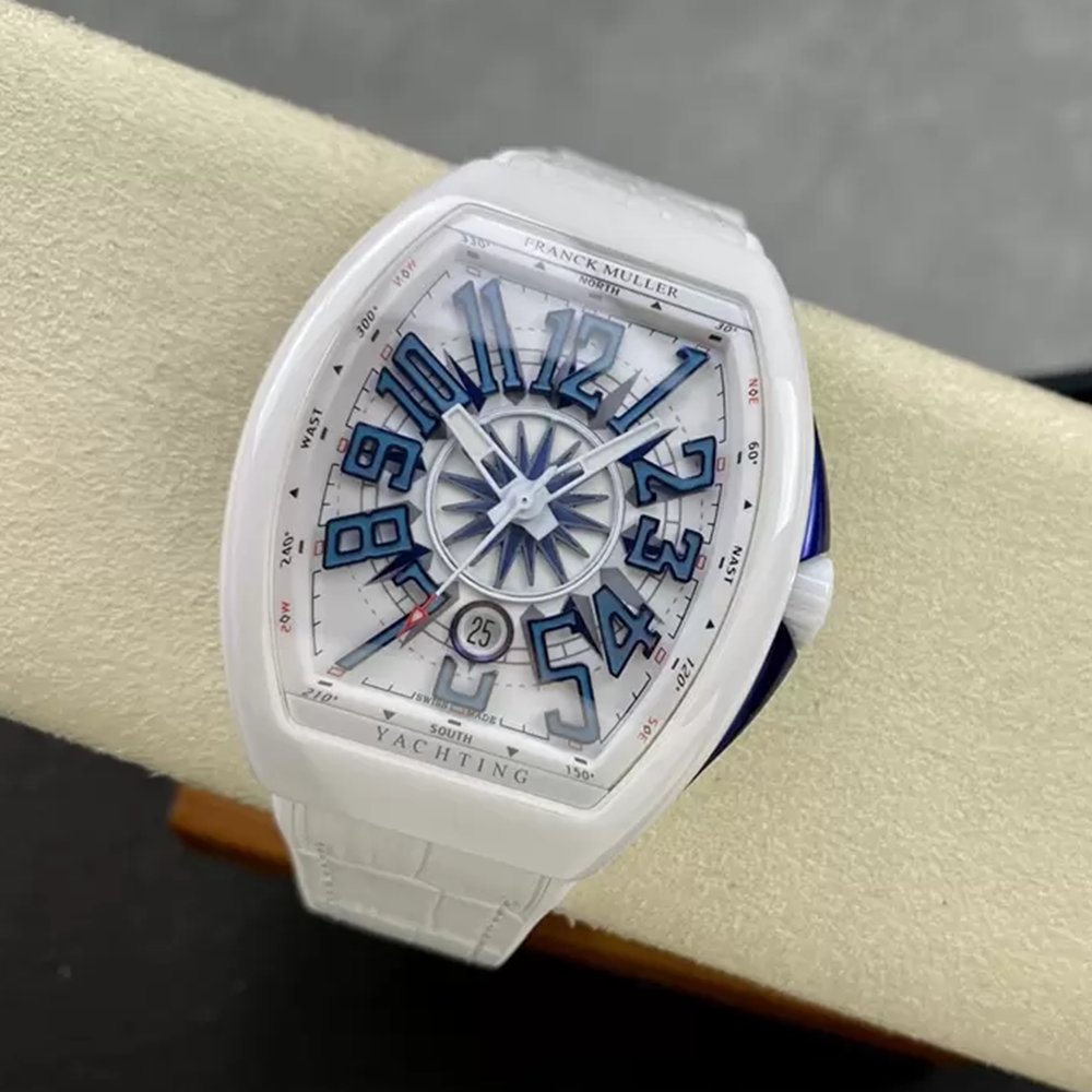 T+공장 프랭키 뮬러 뱅가드 V45 화이트 세라믹 블루 다이얼