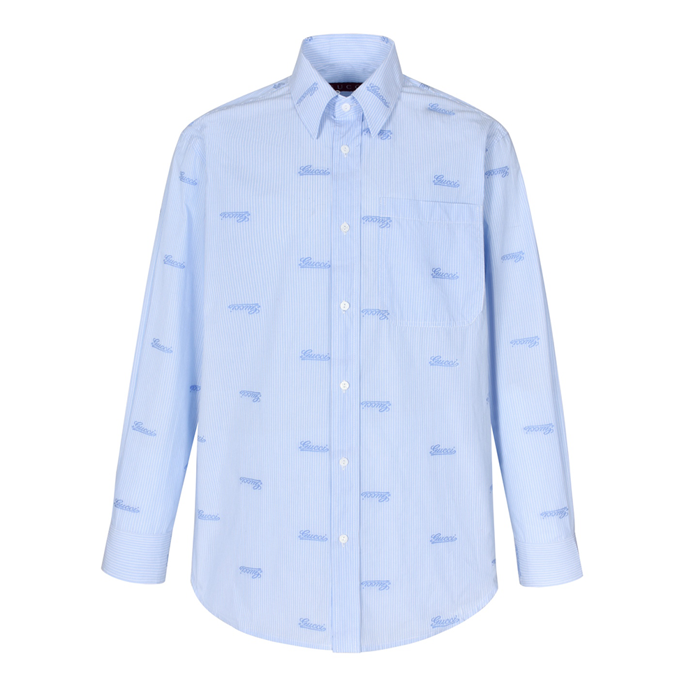 구찌 라이트 블루/화이트 자수 스트라이프 코튼 셔츠