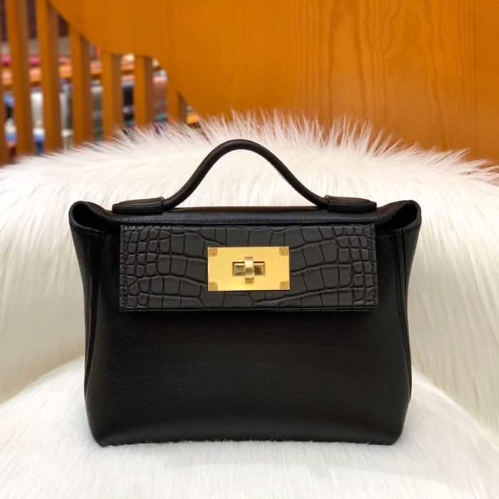 그린엘 에르메스 2424 백 미니 스위프트 스펠스 매트 아메리칸 앨리게이터 블랙 골드 버클