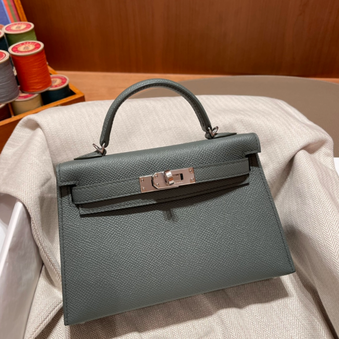 반수공 에르메스 미니 켈리백 그레이그린 은장 엡송