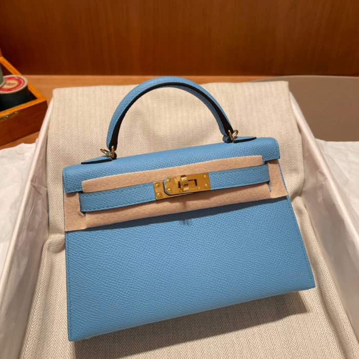 반수공 에르메스 미니 켈리백 라이트블루 금장 엡송