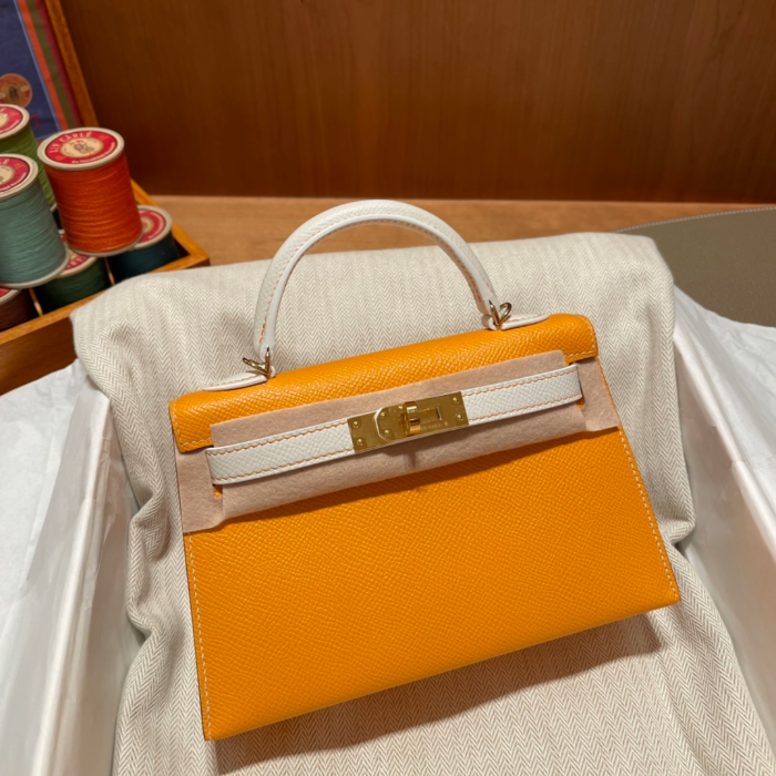 반수공 에르메스 미니 켈리백 옐로우 화이트 금장 엡송