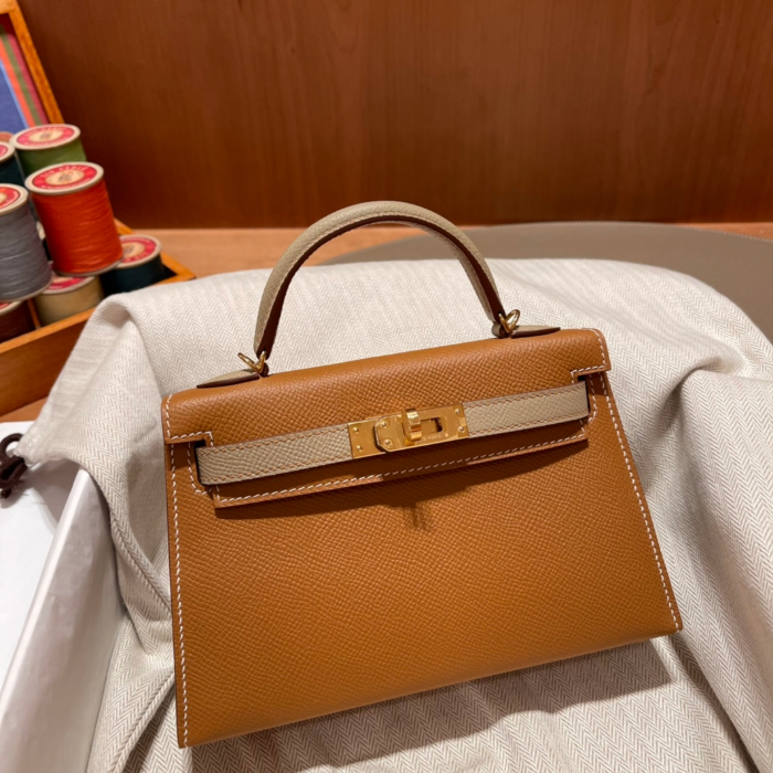 반수공 에르메스 미니 켈리백 골드브라운 그레이 금장 엡송