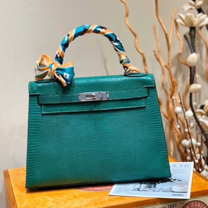 반수공 에르메스 켈리백 28 그린 은장 리자드가죽