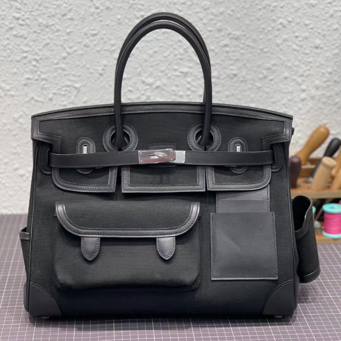 반수공 에르메스 버킨백 35 카고 블랙 은장 캔버스