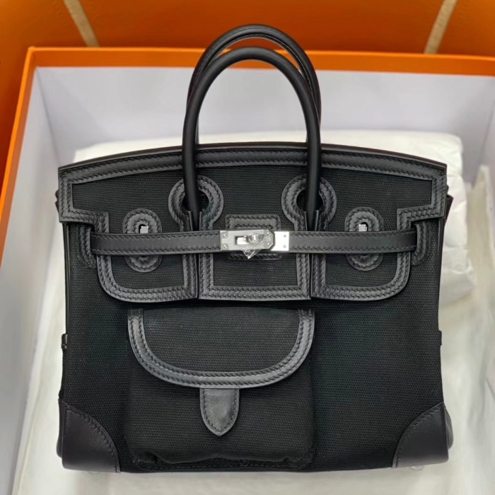 반수공 에르메스 버킨백 25 카고 블랙 은장 캔버스