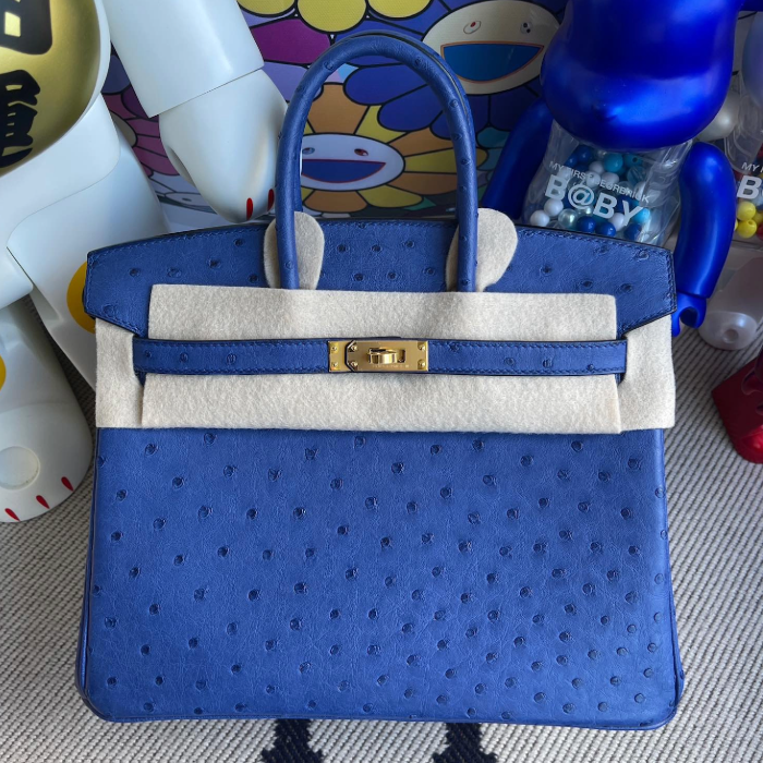 반수공 에르메스 버킨백 25 블루 금장 타조가죽