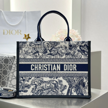 디올 미디엄 북 토트백 트왈 드 주이 소바쥬 자수 화이트 네이비 블루