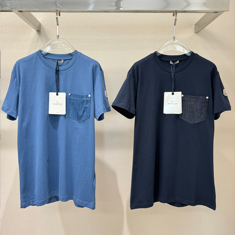몽클레어 코튼 앤 데님 티셔츠 포켓 코발트 블루