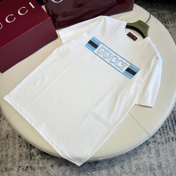 구찌 네이비 프린트 코튼 저지 티셔츠 화이트