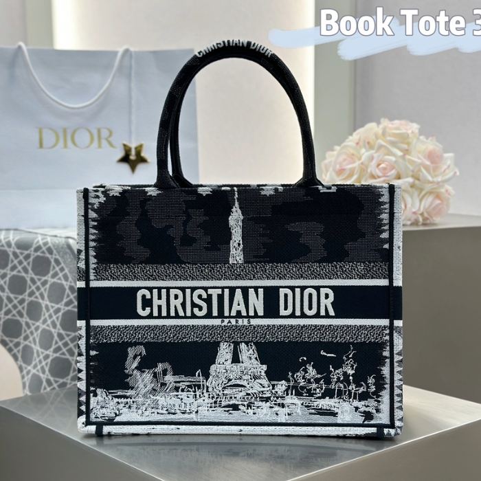 디올 미디엄 북 토트백 파리 자수 블랙 화이트