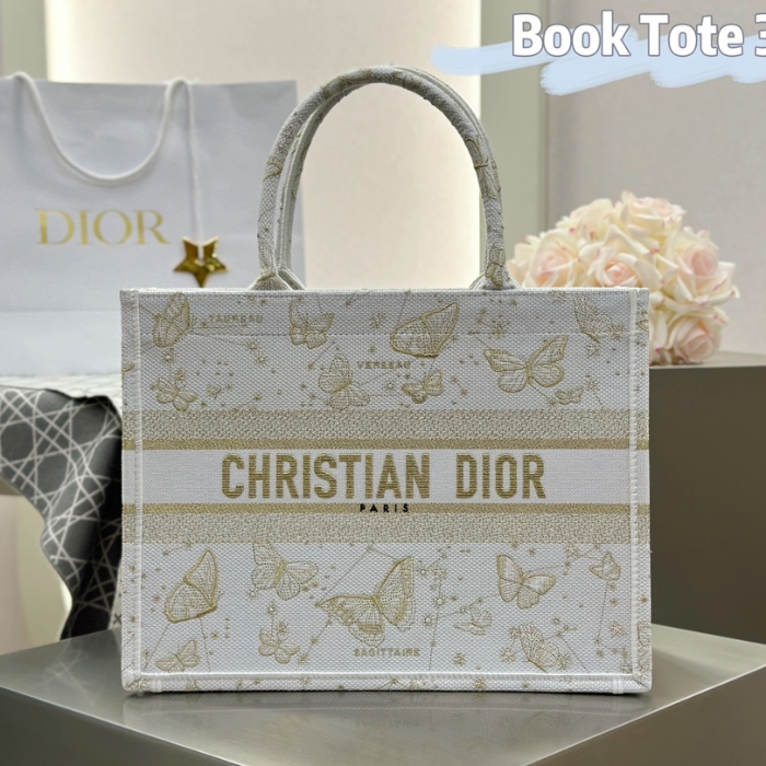 디올 미디엄 북 토트백 버터플라이 조디악 자수 골드 톤 화이트