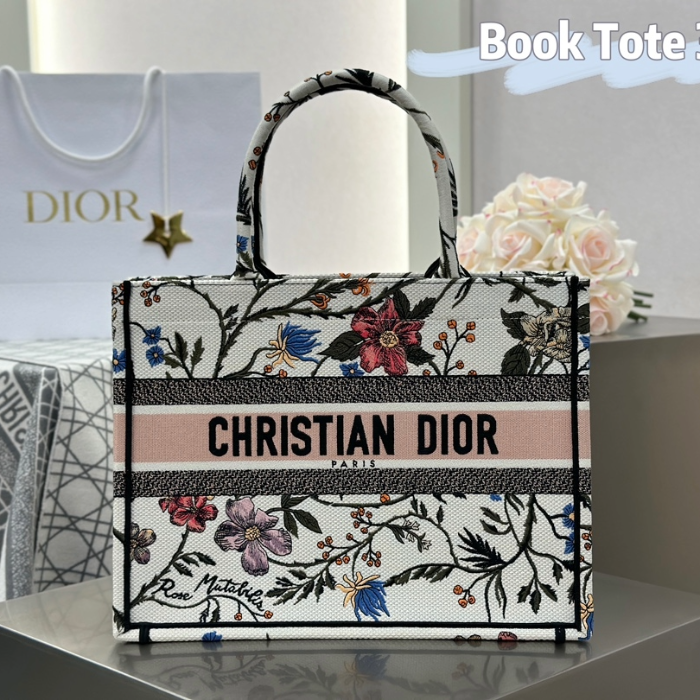 디올 미디엄 북 토트백 마이크로 플라워 자수 화이트 M1296ZRFS
