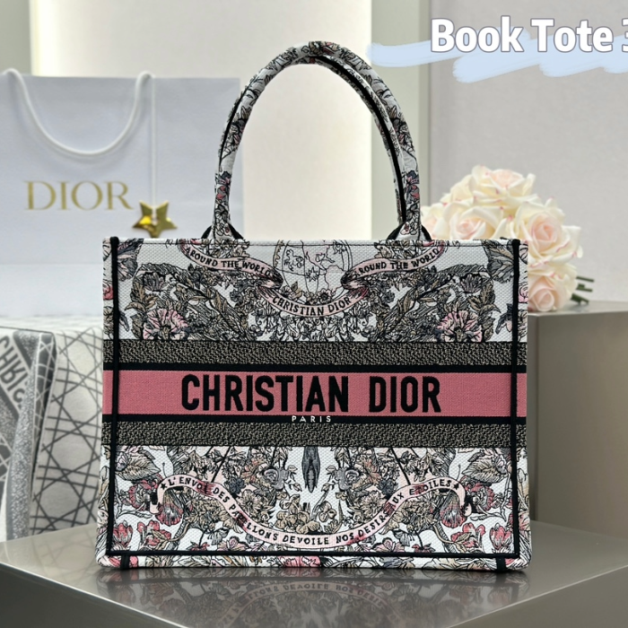 디올 미디엄 북 토트백 버터플라이 어라운드 더월드 자수 화이트&핑크