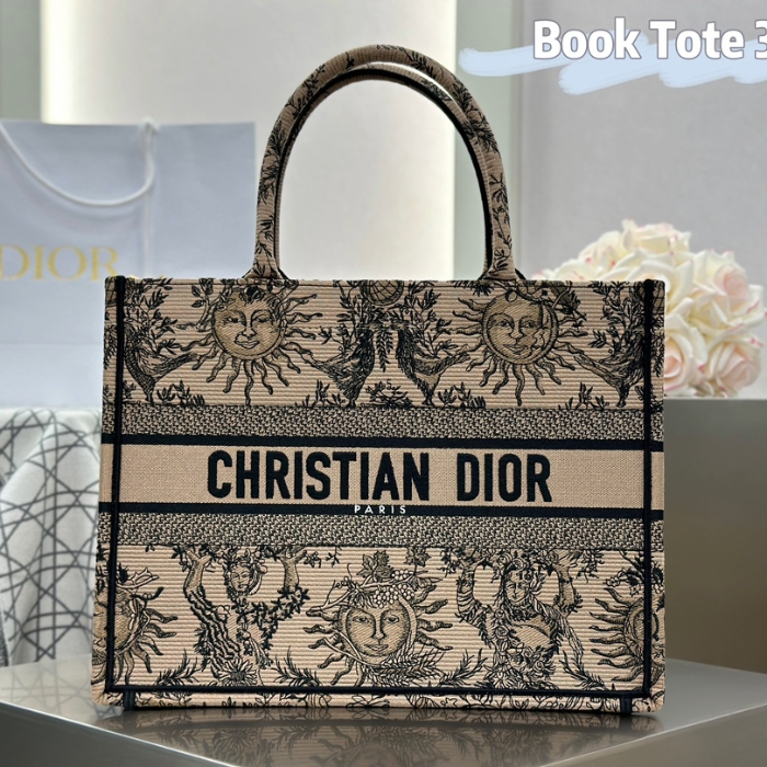 디올 미디엄 북 토트백 베이지 네이비 블루 쏠레이