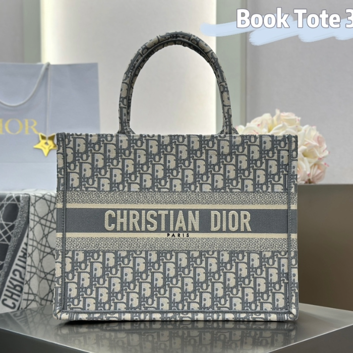 디올 미디엄 북 토트백 그레이 오블리크 자수