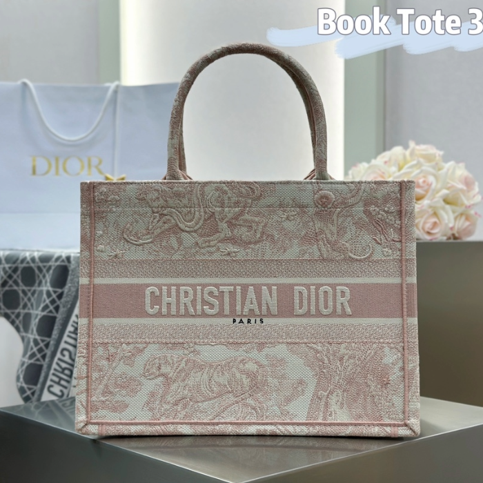 디올 미디엄 북 토트백 에크루 핑크 트왈 드 주이 자수