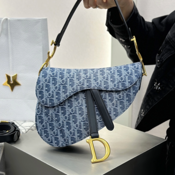 디올 미디엄 새들 스트랩 백 데님 오블리크 자카드 블루