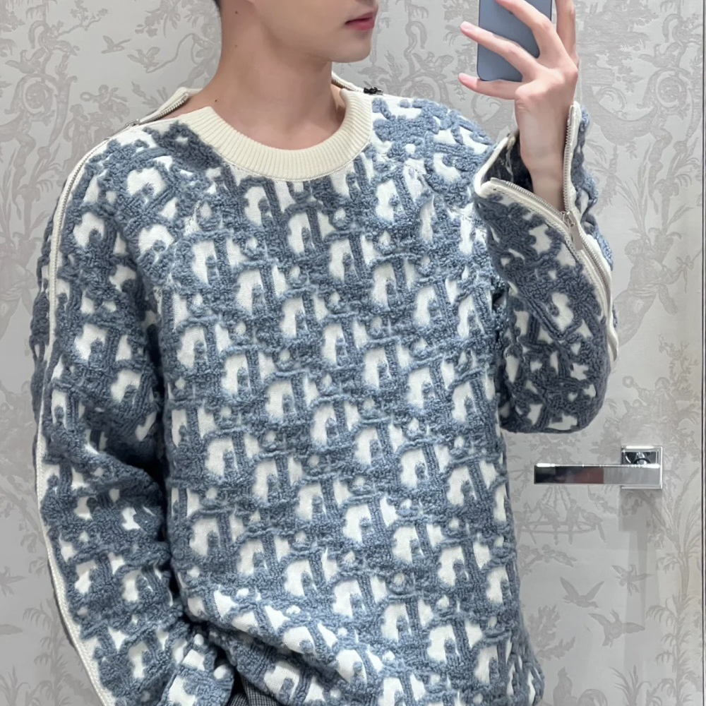 디올 오블리크 스웨터 버진 울 코튼 블렌드 자카드