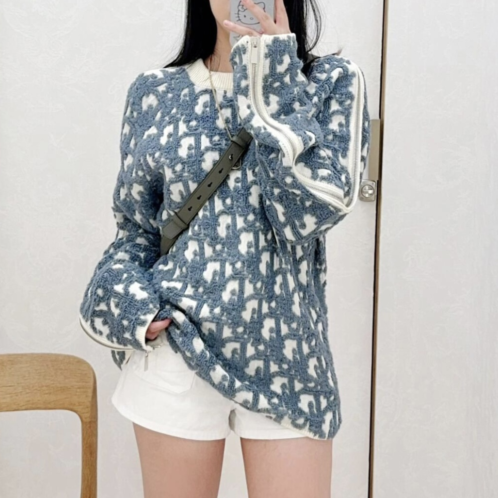 디올 오블리크 스웨터 버진 울 코튼 블렌드 자카드