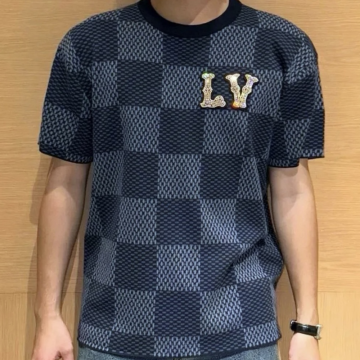 루이비통 LV 크리스털 패치 장식 다미에 반팔 크루넥 네이비