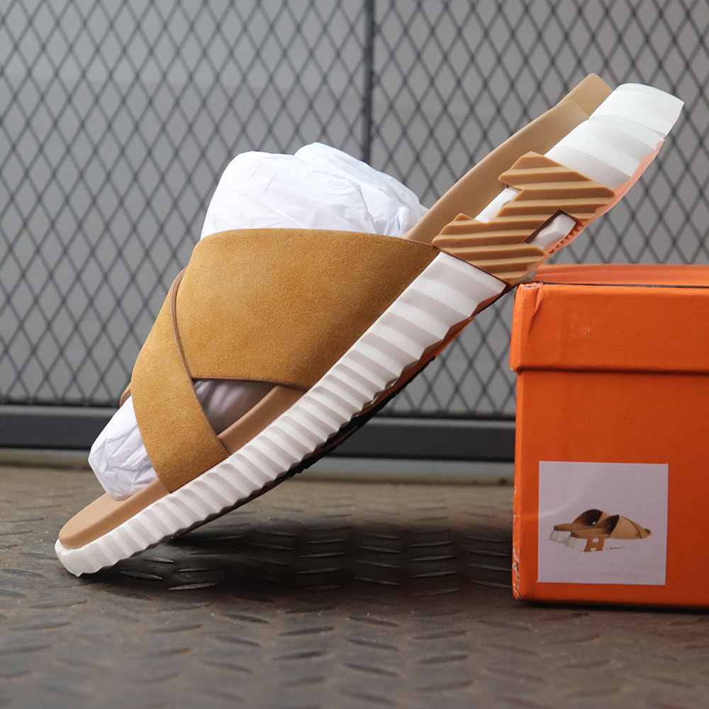 에르메스 인프라 샌들 카프스킨 스웨이드 고트스킨 & 누아 베이지