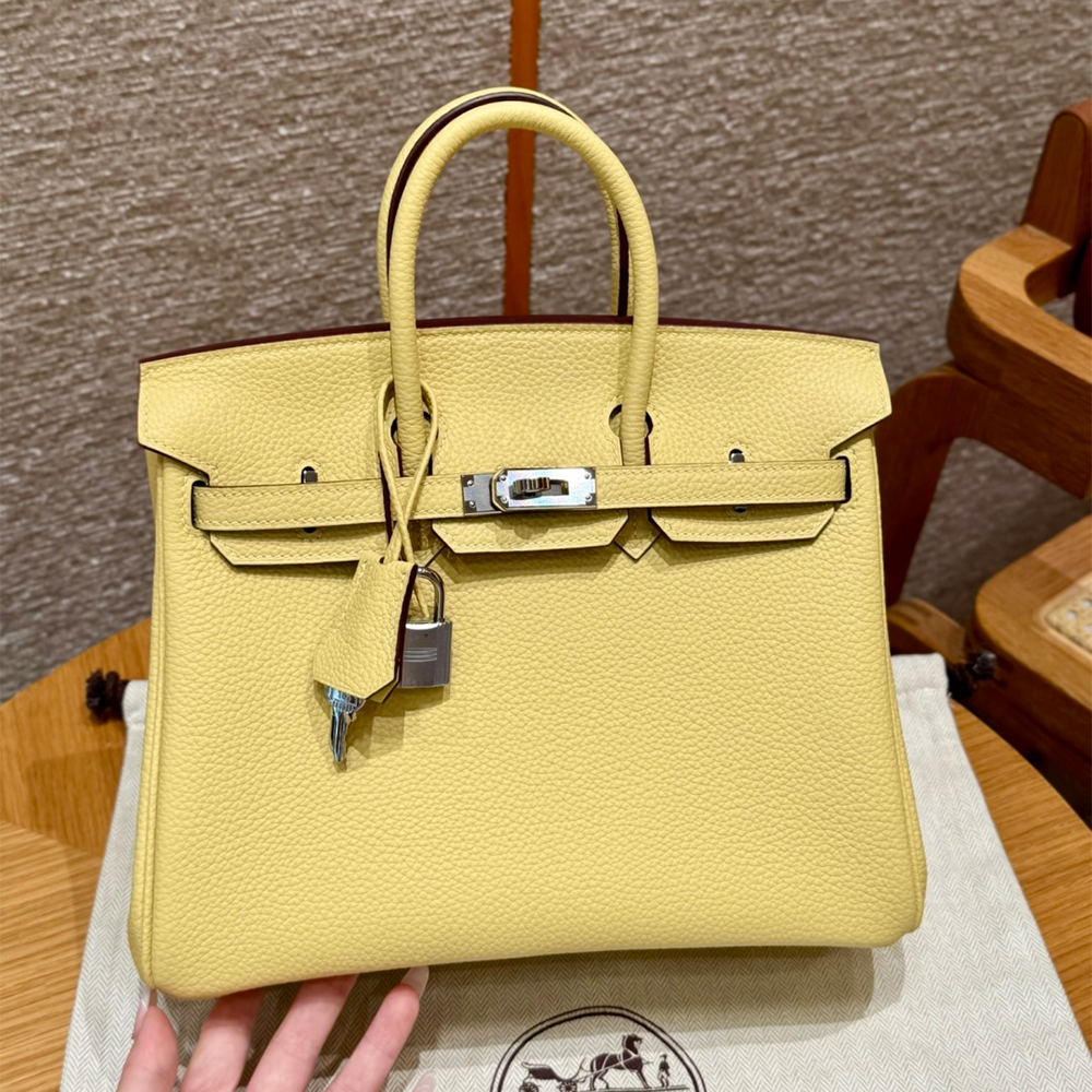올수공 에르메스 버킨 25 1Z/Jaune Poussin 색상, 도고 가죽 실버 하드웨어