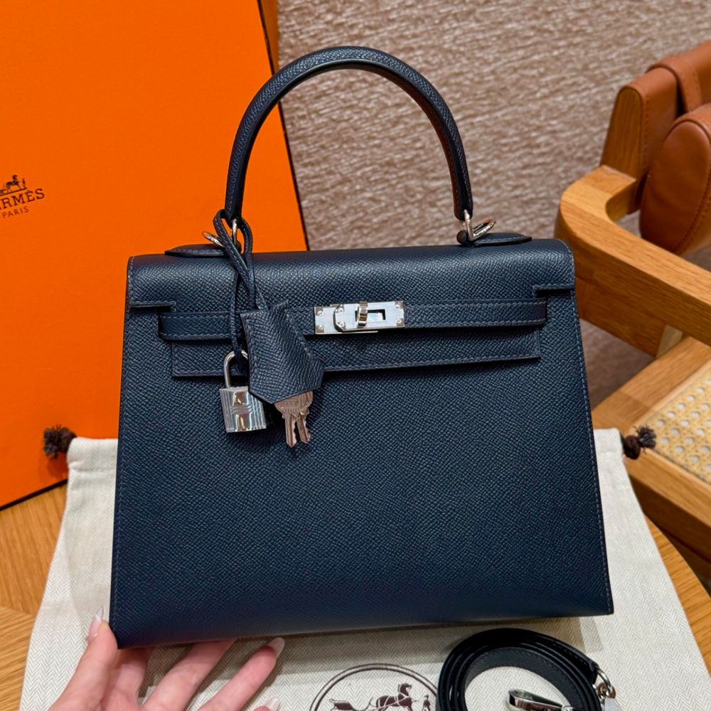 올수공 에르메스 켈리 25 7P/Blue presse 토고 가죽 실버 하드웨어