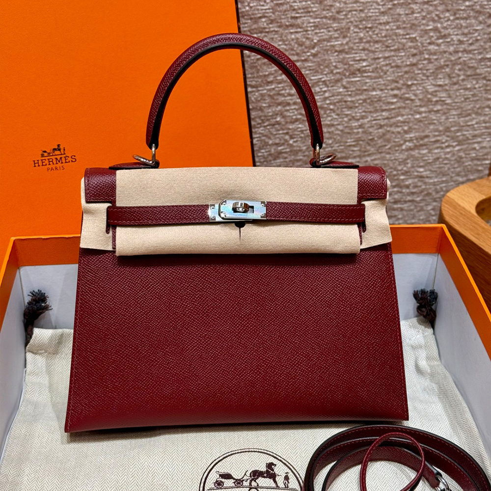 올수공 에르메스 켈리 25 55/Rouge H 엡송 가죽 실버 하드웨어