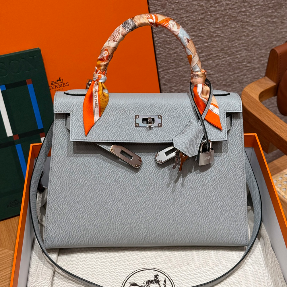 올수공 에르메스 켈리 28 J7/Blue Lin 엡송 가죽 실버 하드웨어