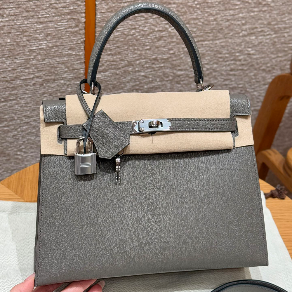올수공 에르메스 켈리 25 0L/Gris meyer 체브레 가죽 실버 하드웨어