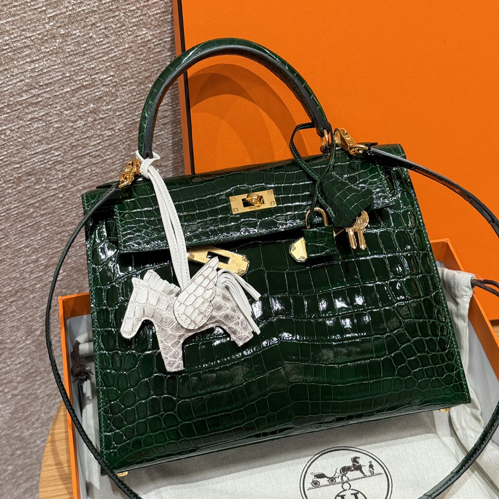 올수공 에르메스 켈리 28 67/Vert Fonce 악어 가죽 골드 하드웨어