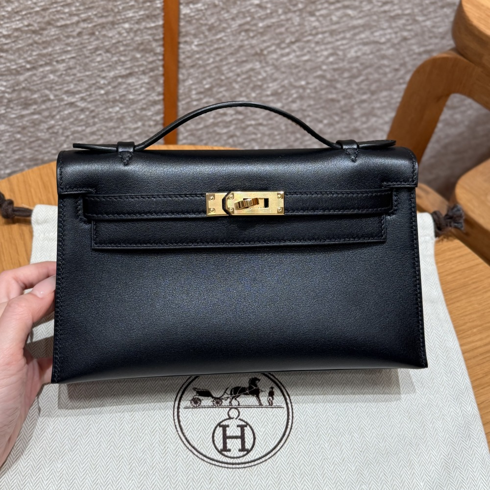 올수공 에르메스 미니 켈리 포쉐트 89/Noir 스위프트 가죽 골드 하드웨어