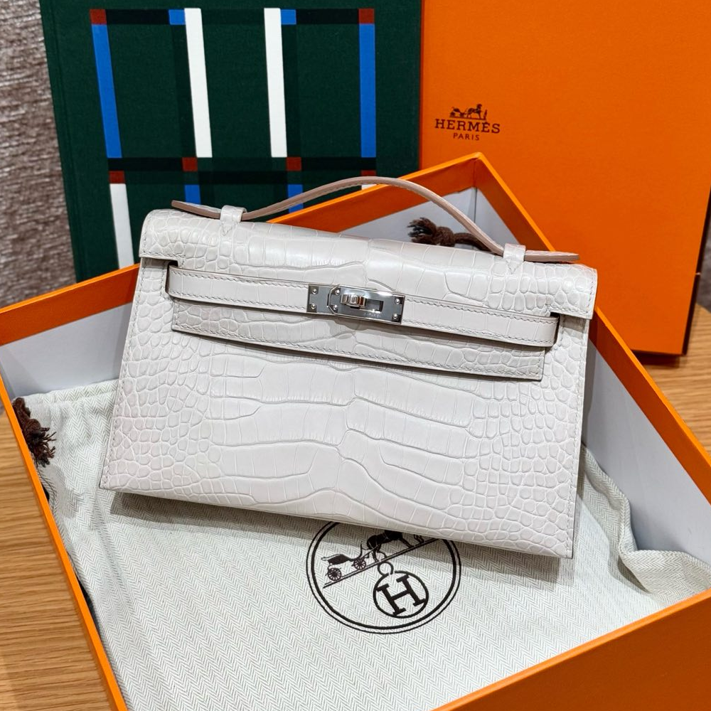 올수공 에르메스 미니 켈리 포쉐트 10/Craie 악어 가죽 실버 하드웨어