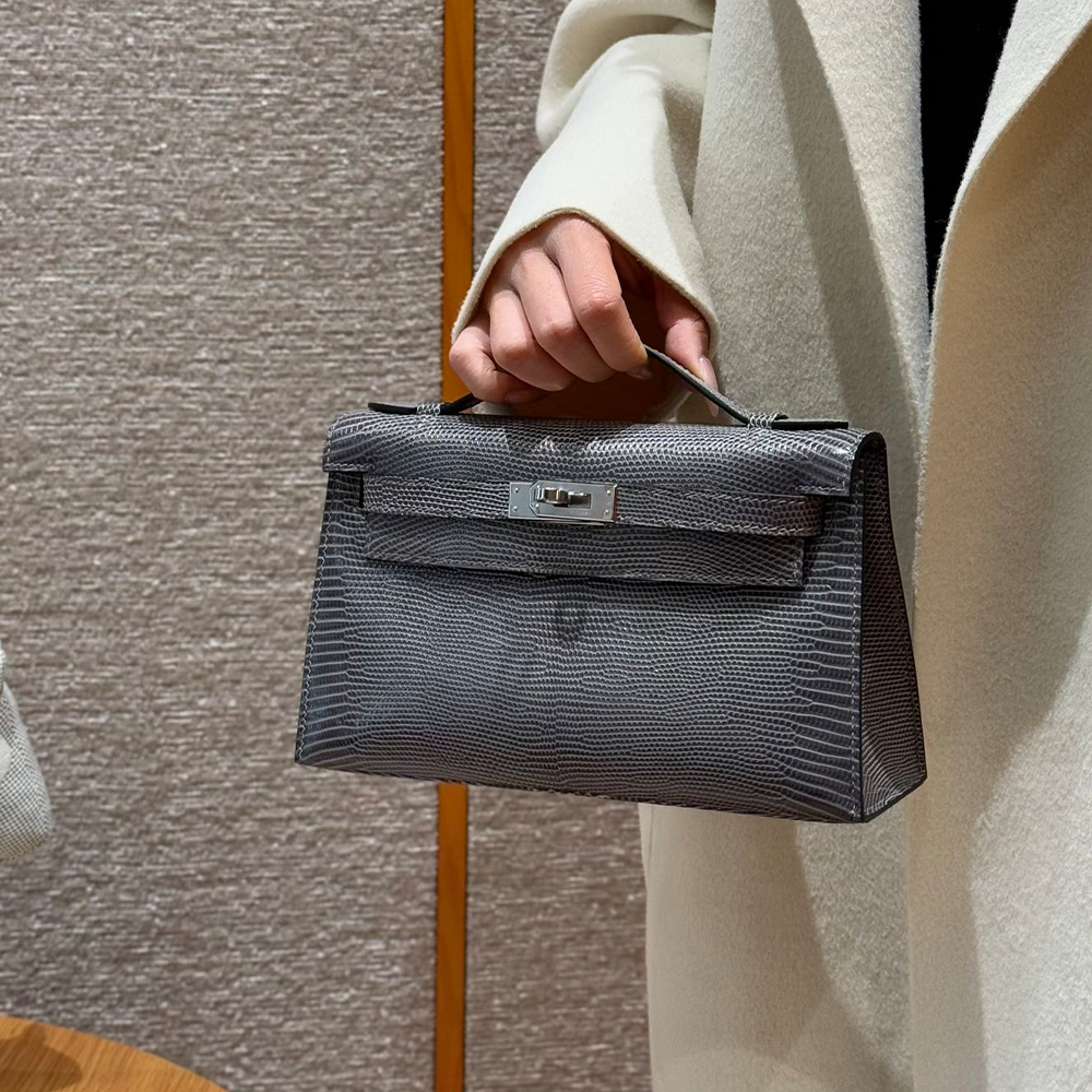 올수공 에르메스 미니 켈리 포쉐트 85/Ardoise 리자드 가죽 실버 하드웨어