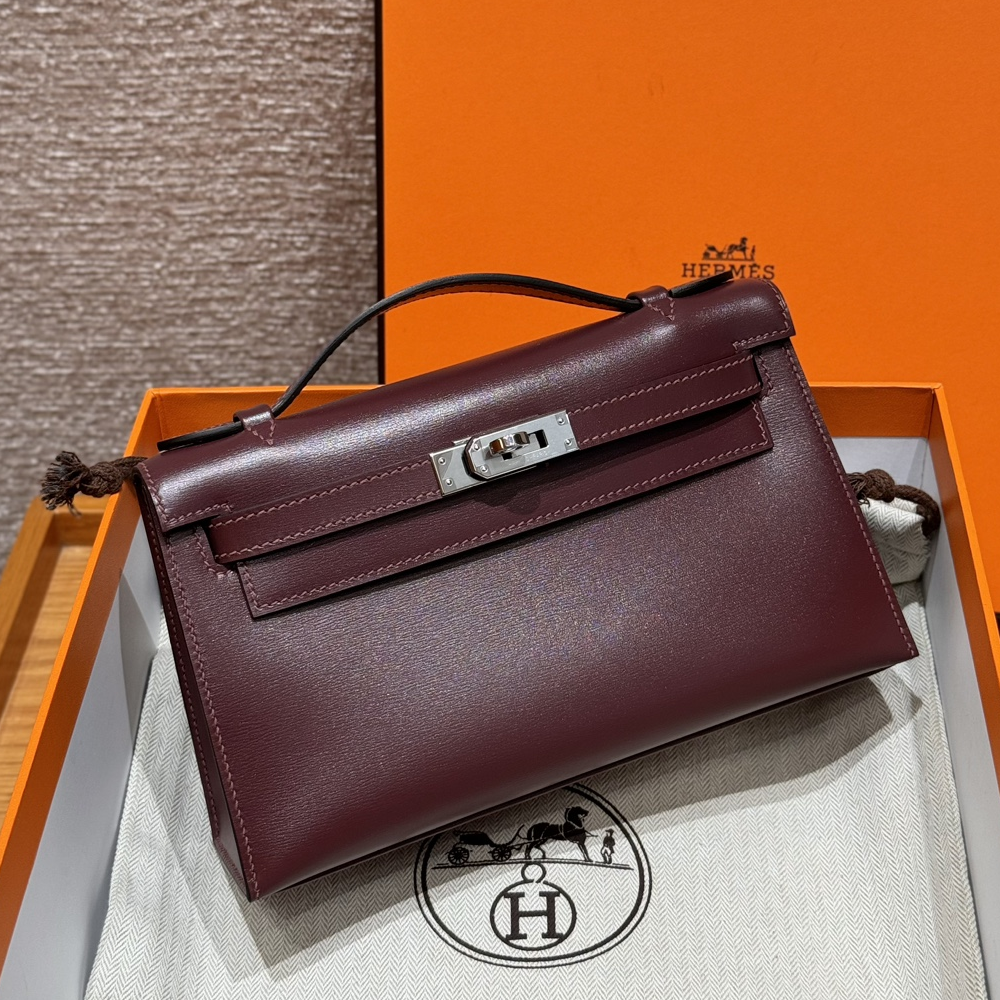 올수공 에르메스 미니 켈리 포쉐트 55/Rouge H 박스 가죽 실버 하드웨어