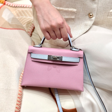 올수공 에르메스 미니 켈리 X9/mauve & T0/Blue Brume 엡송 가죽 실버 하드웨어