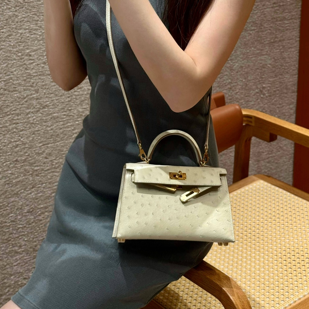 올수공 에르메스 미니 켈리 8L/Beton 타조 가죽 골드 하드웨어