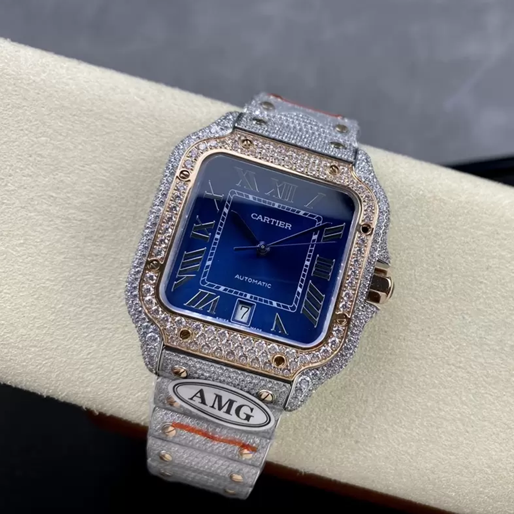 AMG공장 까르띠에 산토스 청판 다이얼 로즈골드 골드 콤비 파베 세팅