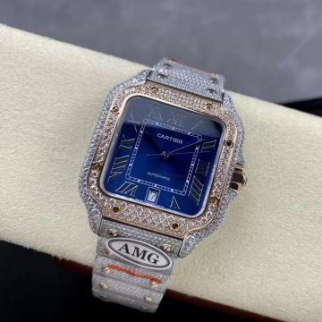 AMG공장 까르띠에 산토스 청판 다이얼 로즈골드 골드 콤비 파베 세팅