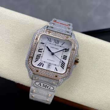 AMG공장 까르띠에 산토스 화이트 다이얼 로즈골드 골드 콤비 파베 세팅